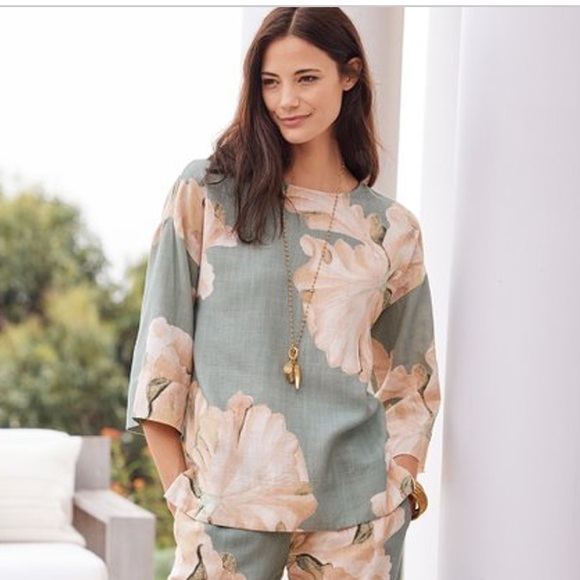 Soft Surroundings Tops - Soft Surroundings Linen Blend Top Green Tan Lyocell Floral Fleur Size 3X